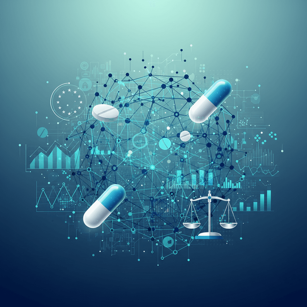 Illustration of AI integrated with pharmaceutical regulation and clinical data