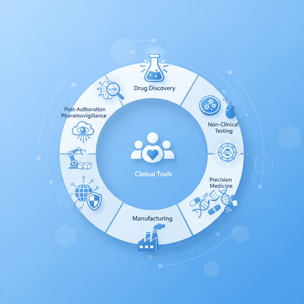 Illustration of the medicinal product lifecycle with AI integration