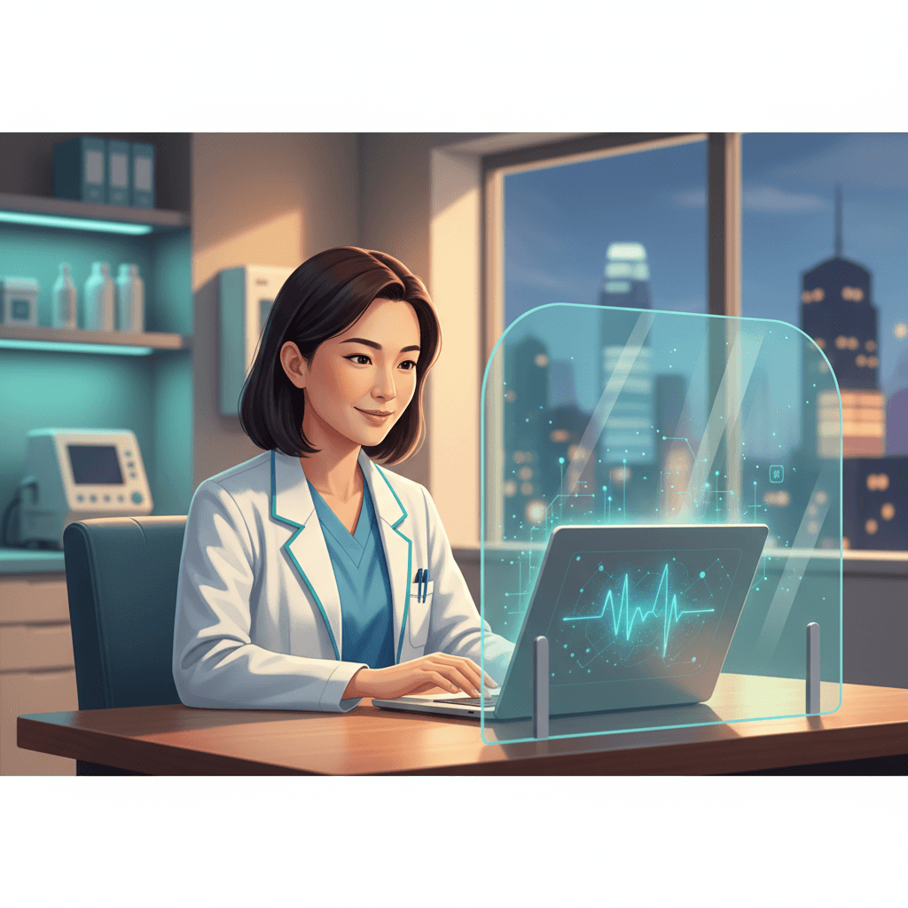 Healthcare professional verifying AI-generated text while protecting patient data